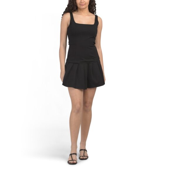 KALI FASHIONS Black Ponte Drop Waist Mini Dress With Pleated Skirt - Picture 1 of 2